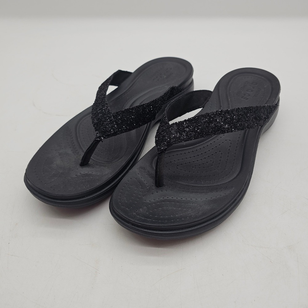 Crocs Dual Comfort Capri V Flip Flops Sandals Black with  Sparkles Women Size 10